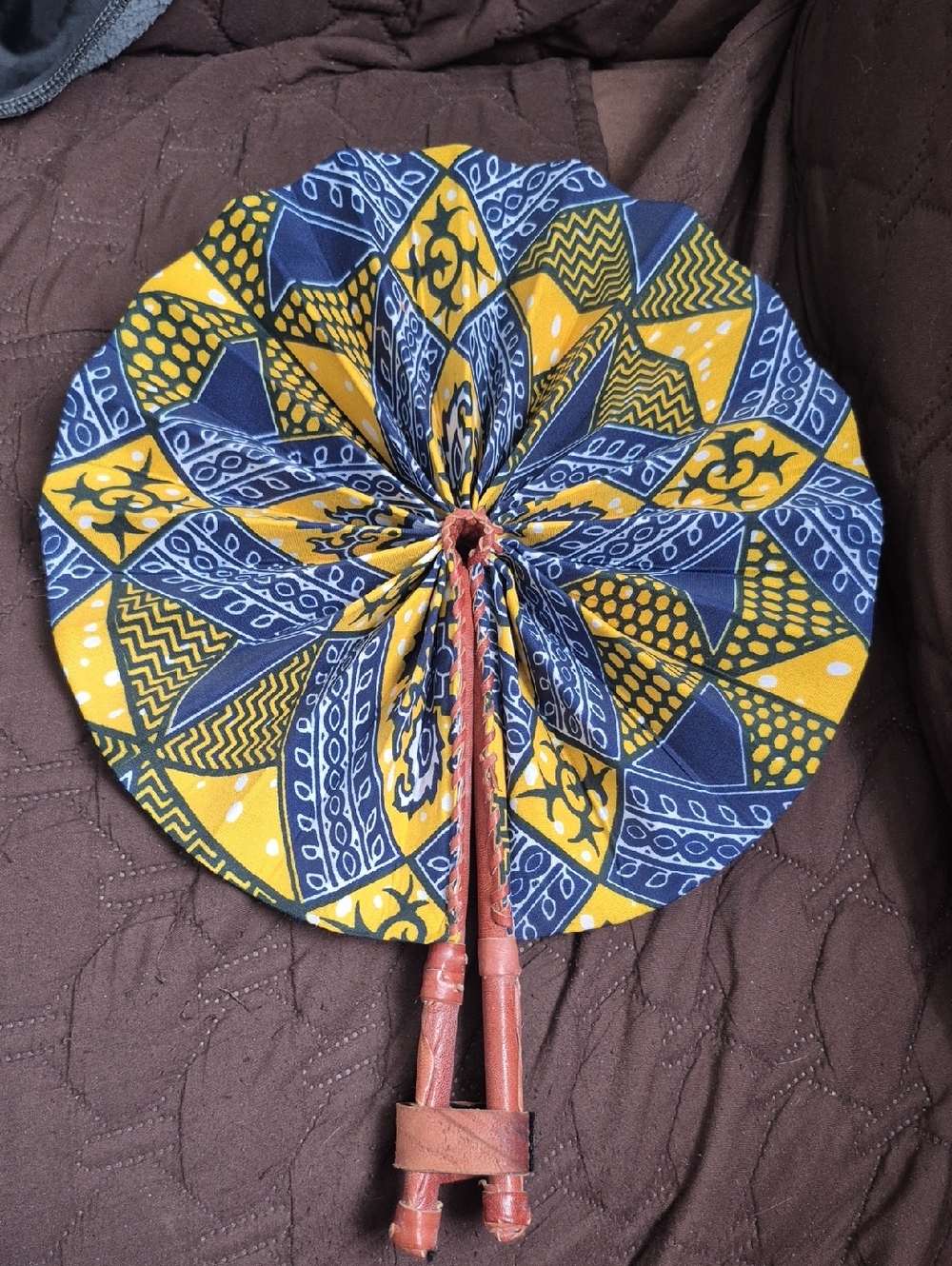 HANDMADE Wax Cotton Print Fan w/ Leather Handle - White/Blue/Yellow - Accra, GH